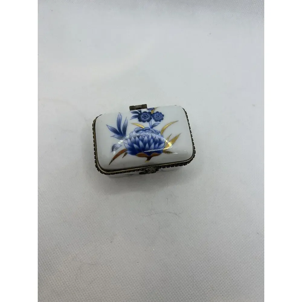 Porcelain Hand-painted Floral Trinket Box Hinged Lid Cottage Core 2.5” X 1.5”